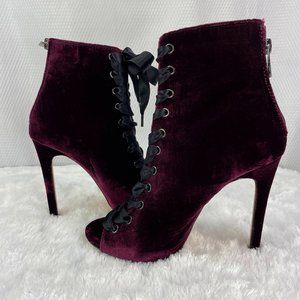 NEW! STEVE MADDEN burgundy velvet & black satin lace up stilleto bootie - SZ 6 M